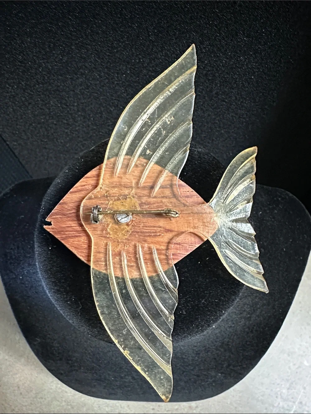 Vintage 1940s Carved Wood & Lucite Jelly Belly Flying Fish Brooch Pin WWII Era